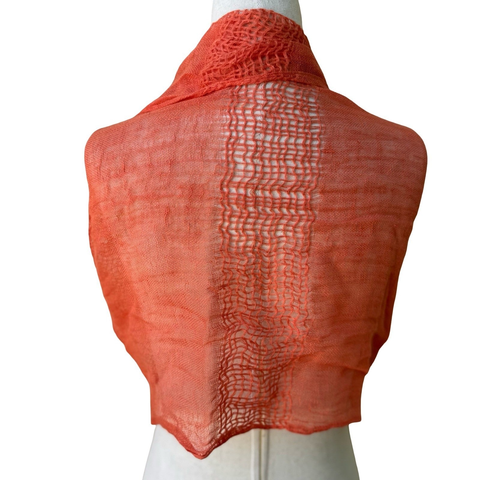 Coastal Boho Coral Orange 100% Linen Gauze Open Weave Ladder Stitch Fringe Scarf