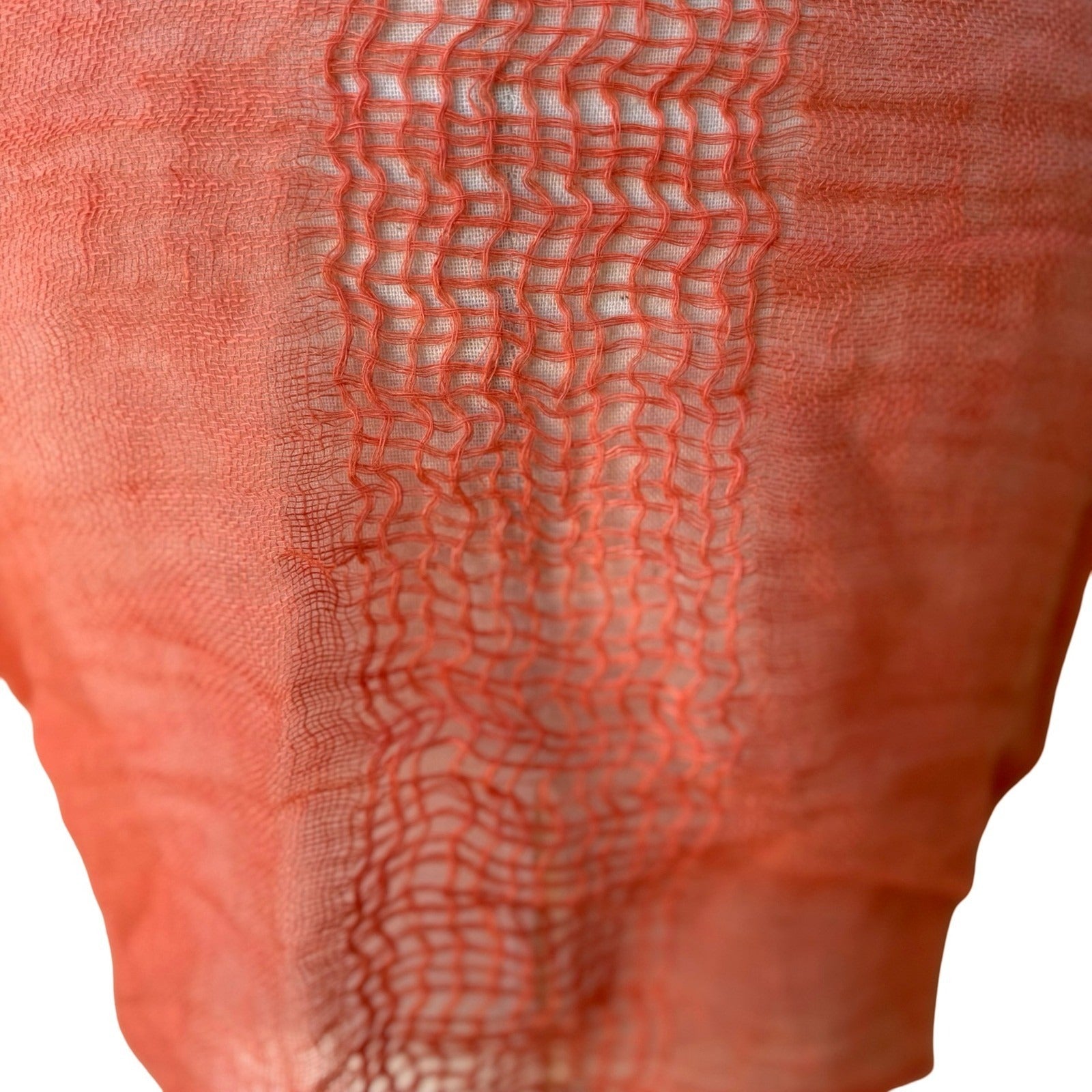 Coastal Boho Coral Orange 100% Linen Gauze Open Weave Ladder Stitch Fringe Scarf