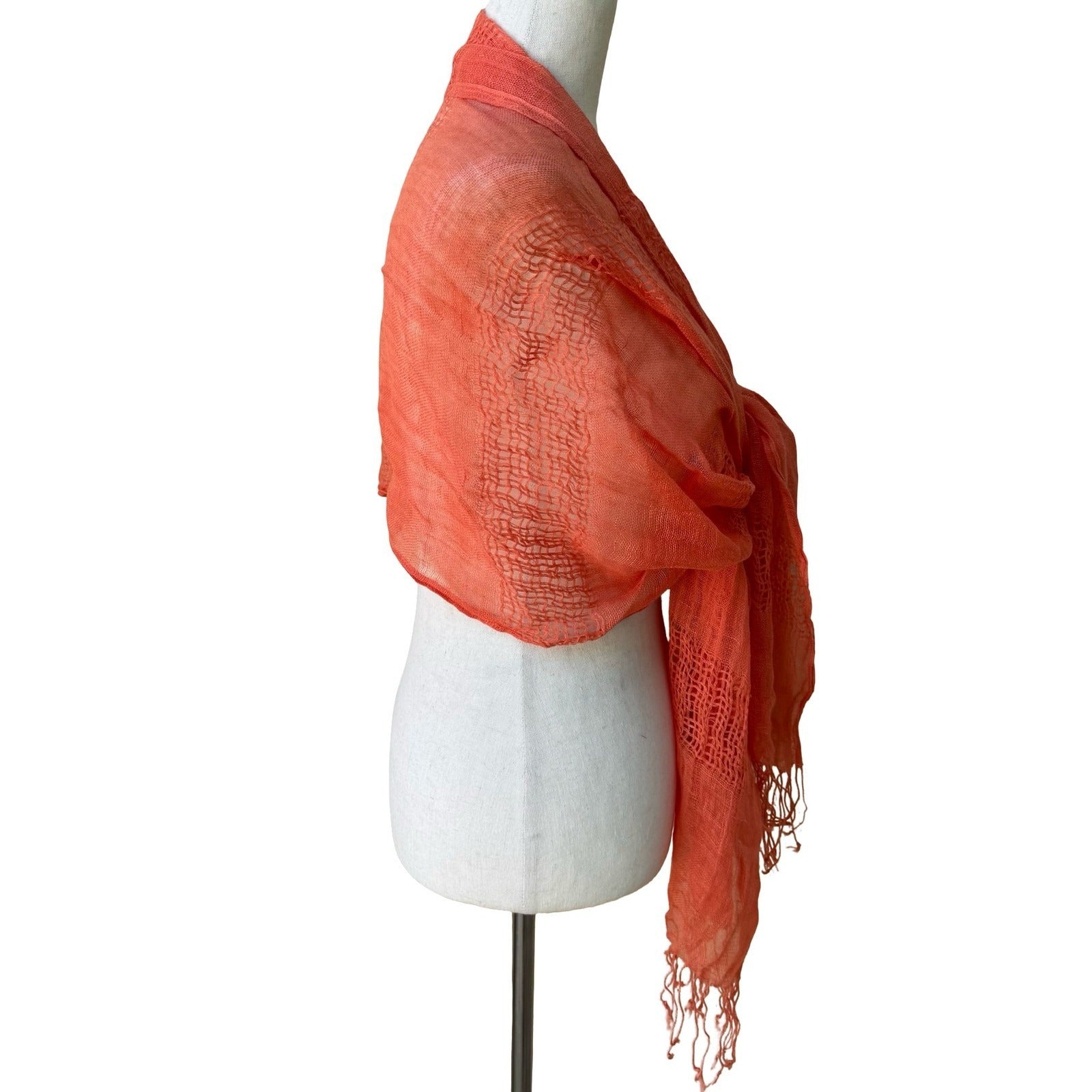 Coastal Boho Coral Orange 100% Linen Gauze Open Weave Ladder Stitch Fringe Scarf