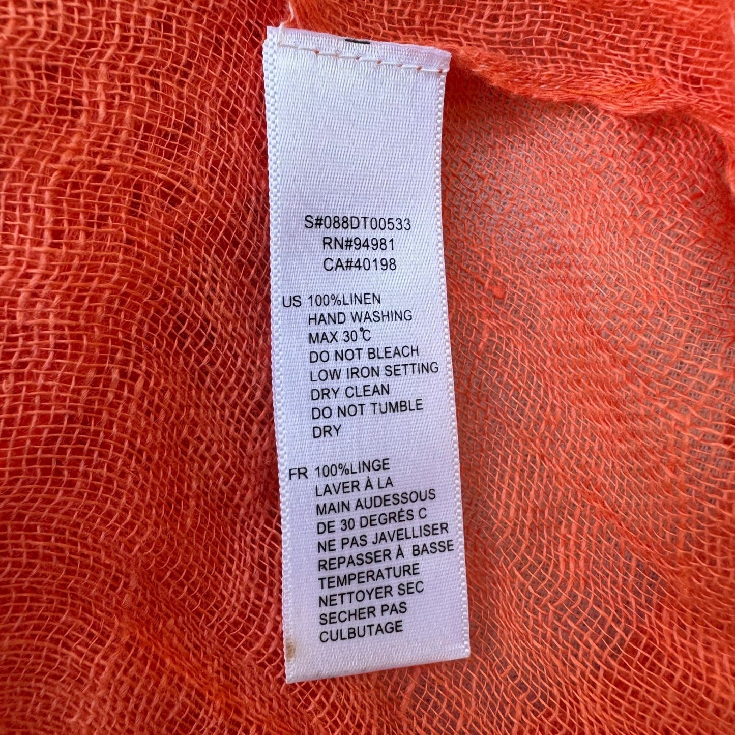 Coastal Boho Coral Orange 100% Linen Gauze Open Weave Ladder Stitch Fringe Scarf