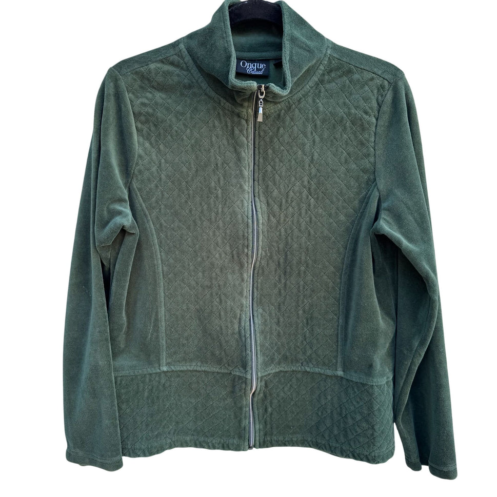 Onque Casual Vintage Womens Green Quilted Front Velour High Collar Zip Jacket M