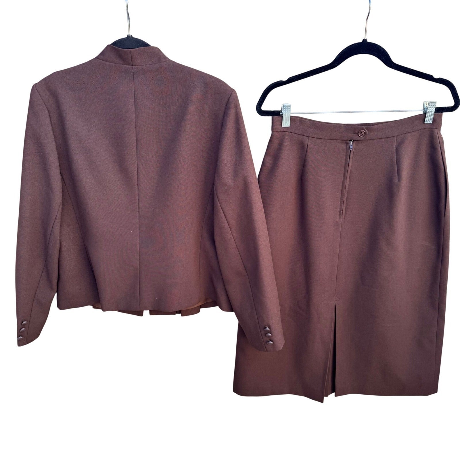 Vintage Brown Lined Skirt Suit Set Split Collar Jacket Pencil Skirt Professional
