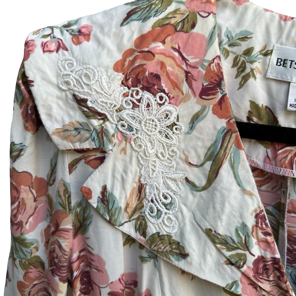 Betsy's Things Vintage 90s Cottagecore Shabby Chic Floral Lace Collar Midi Dress