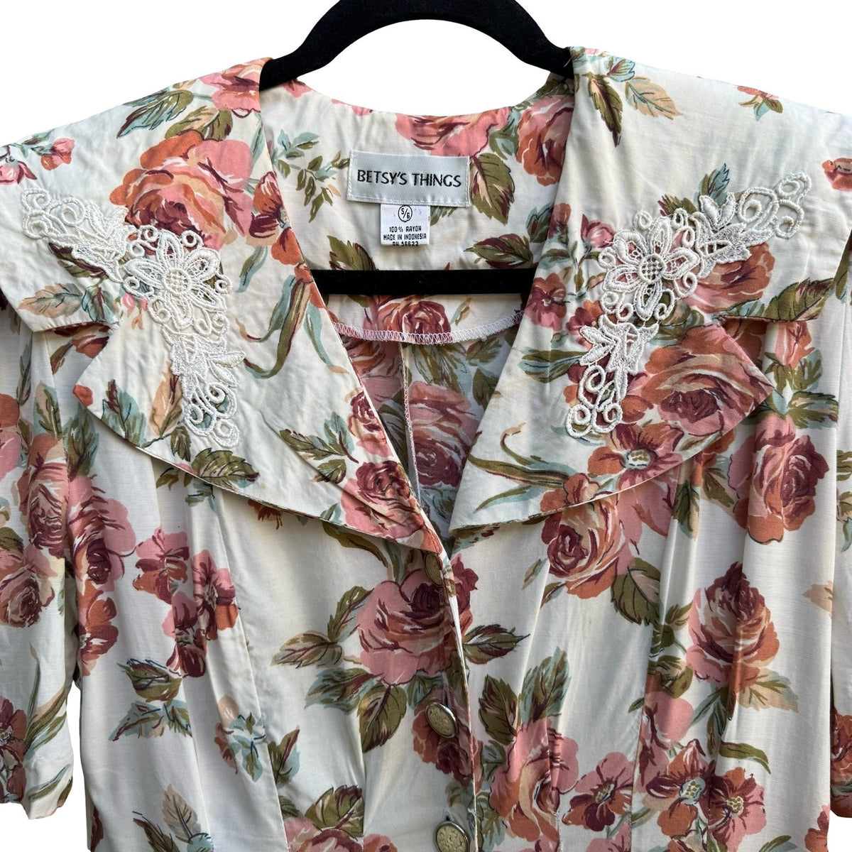 Betsy's Things Vintage 90s Cottagecore Shabby Chic Floral Lace Collar Midi Dress