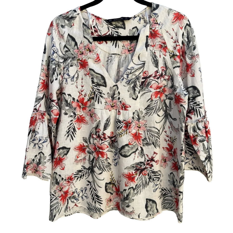 Zara Womens XS Floral Linen Blend V-Neck Bell Sleeve Peasant Tunic Blouse White