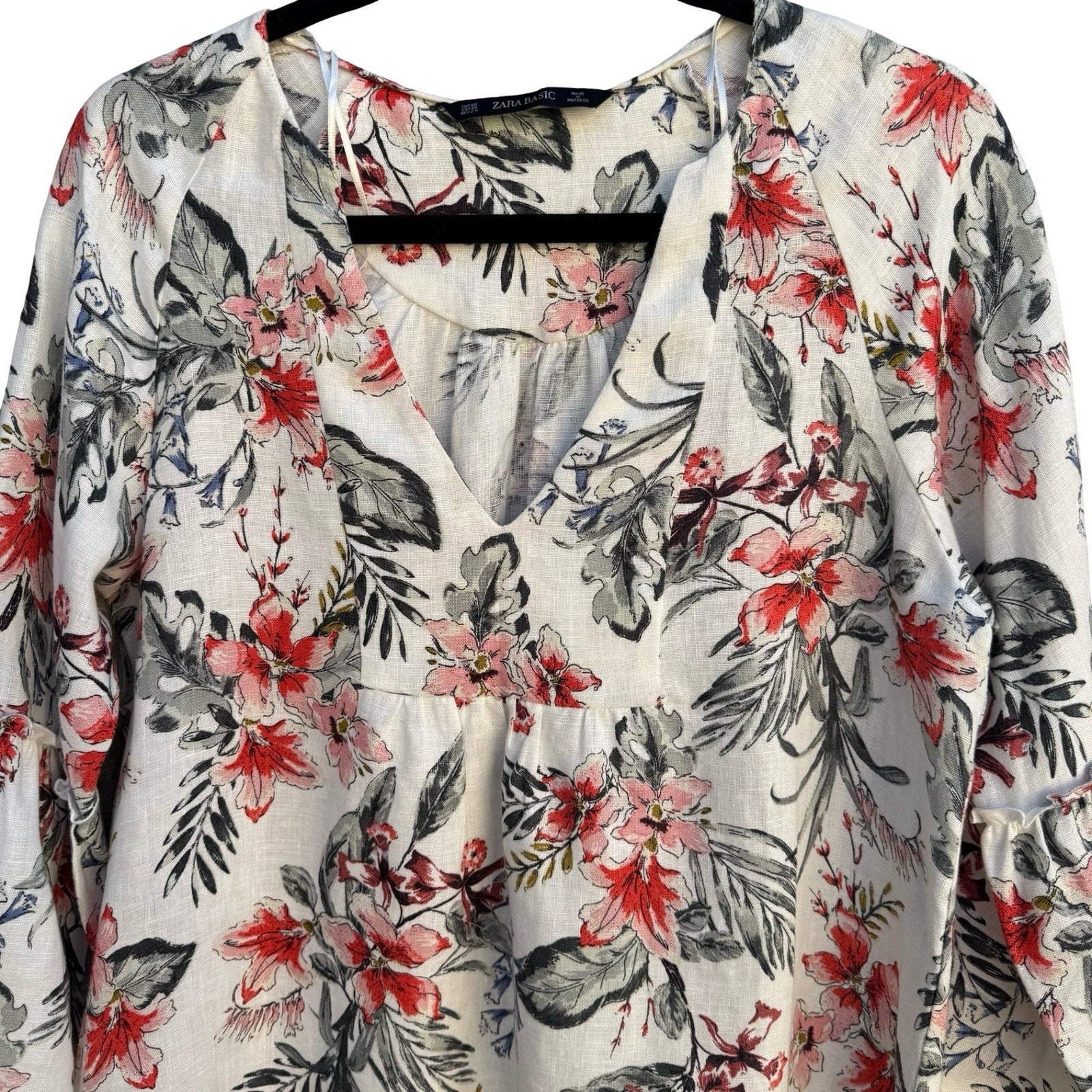 Zara Womens XS Floral Linen Blend V-Neck Bell Sleeve Peasant Tunic Blouse White