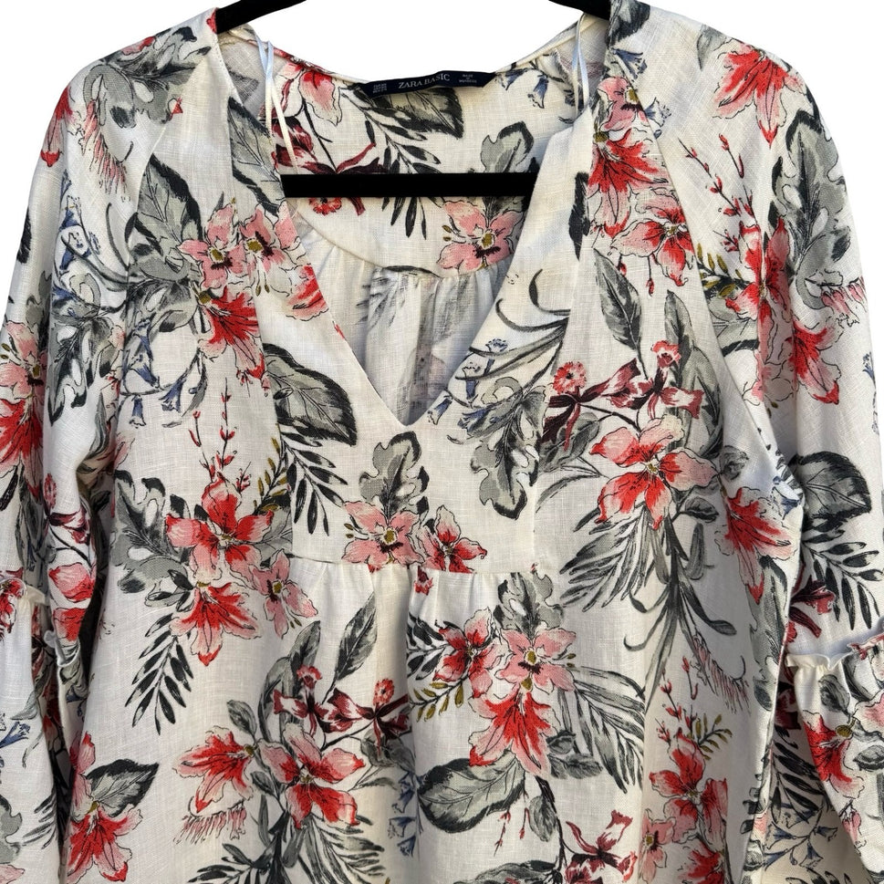 Zara Womens XS Floral Linen Blend V-Neck Bell Sleeve Peasant Tunic Blouse White