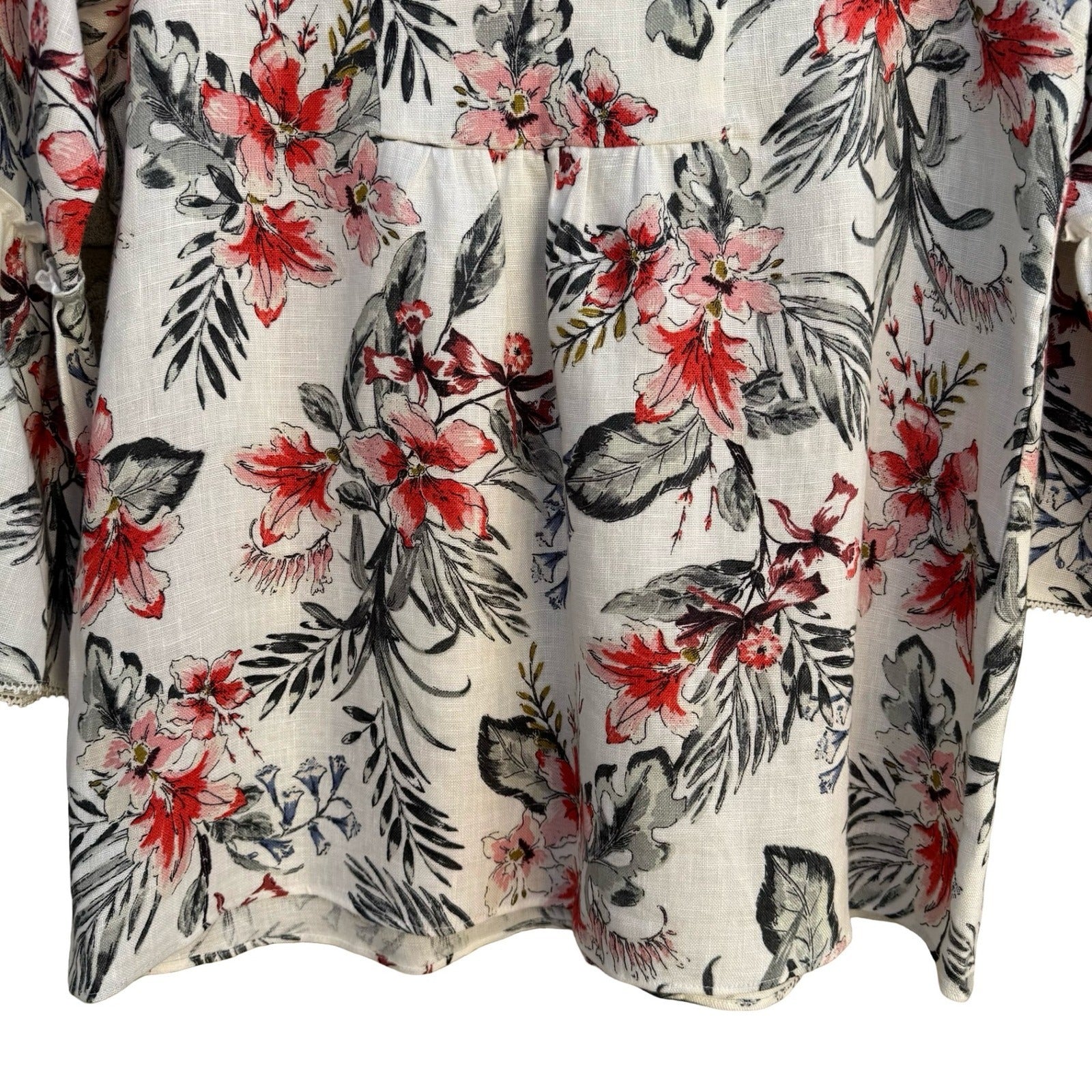 Zara Womens XS Floral Linen Blend V-Neck Bell Sleeve Peasant Tunic Blouse White