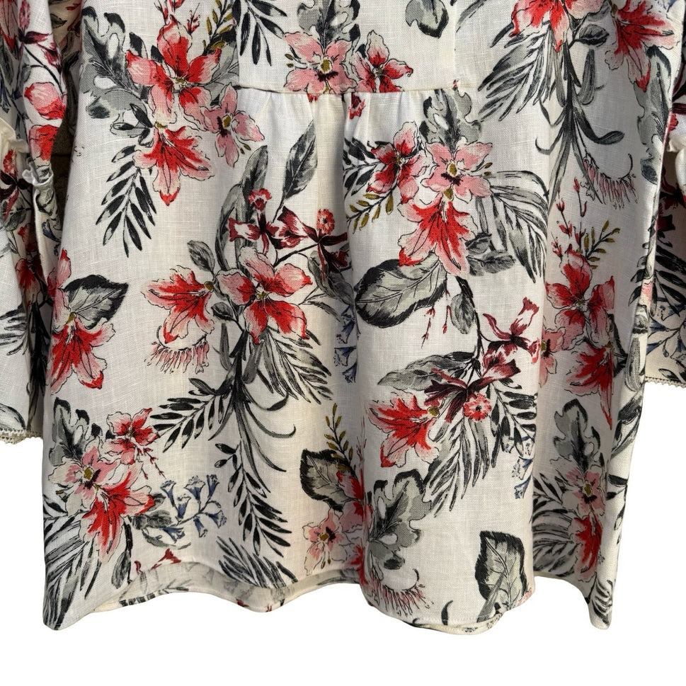 Zara Womens XS Floral Linen Blend V-Neck Bell Sleeve Peasant Tunic Blouse White