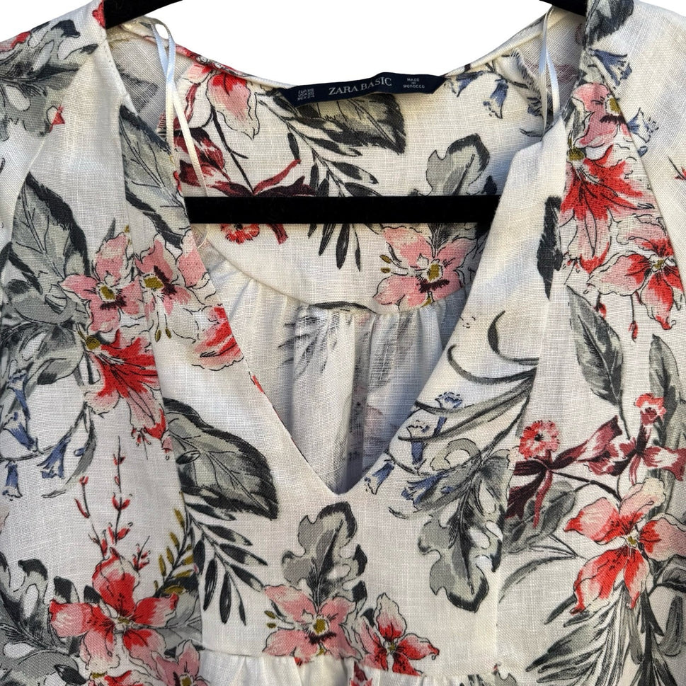 Zara Womens XS Floral Linen Blend V-Neck Bell Sleeve Peasant Tunic Blouse White