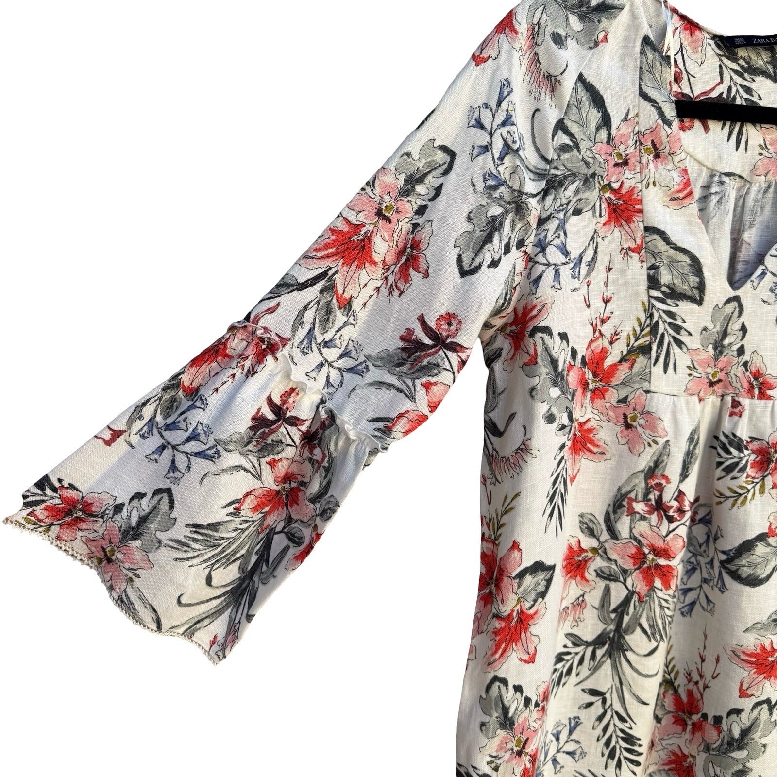 Zara Womens XS Floral Linen Blend V-Neck Bell Sleeve Peasant Tunic Blouse White