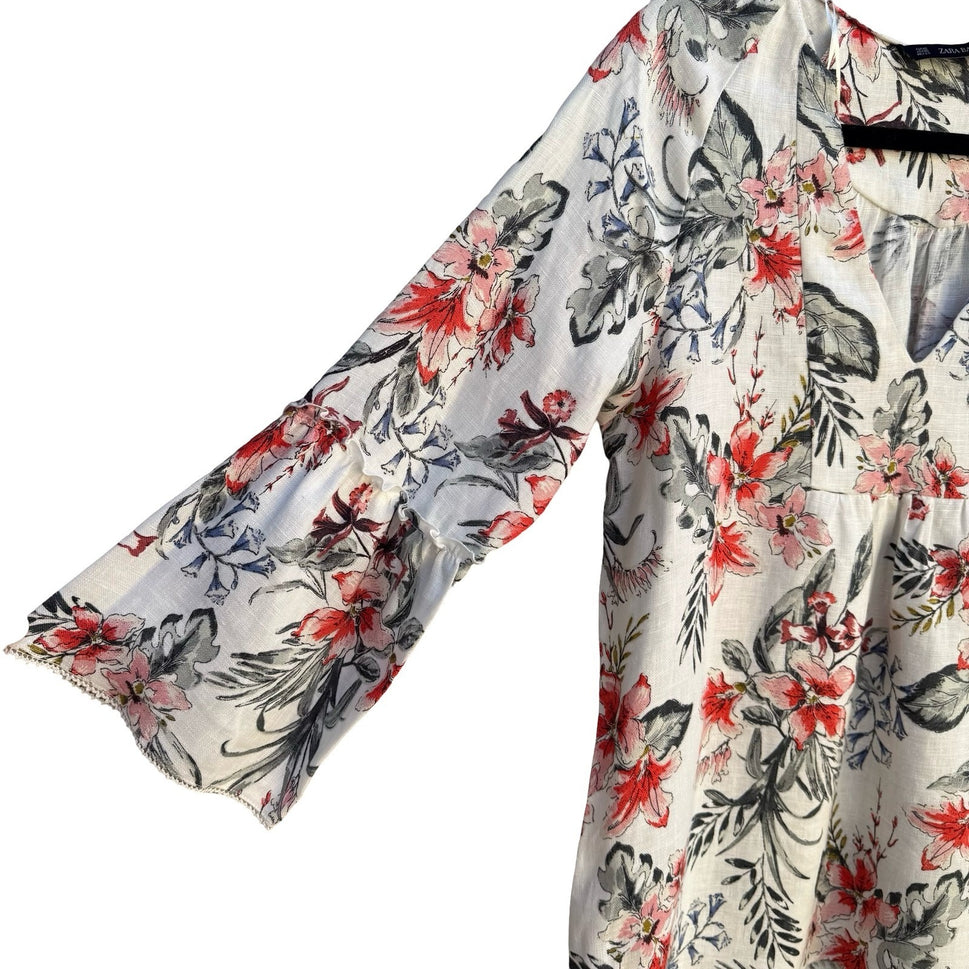 Zara Womens XS Floral Linen Blend V-Neck Bell Sleeve Peasant Tunic Blouse White