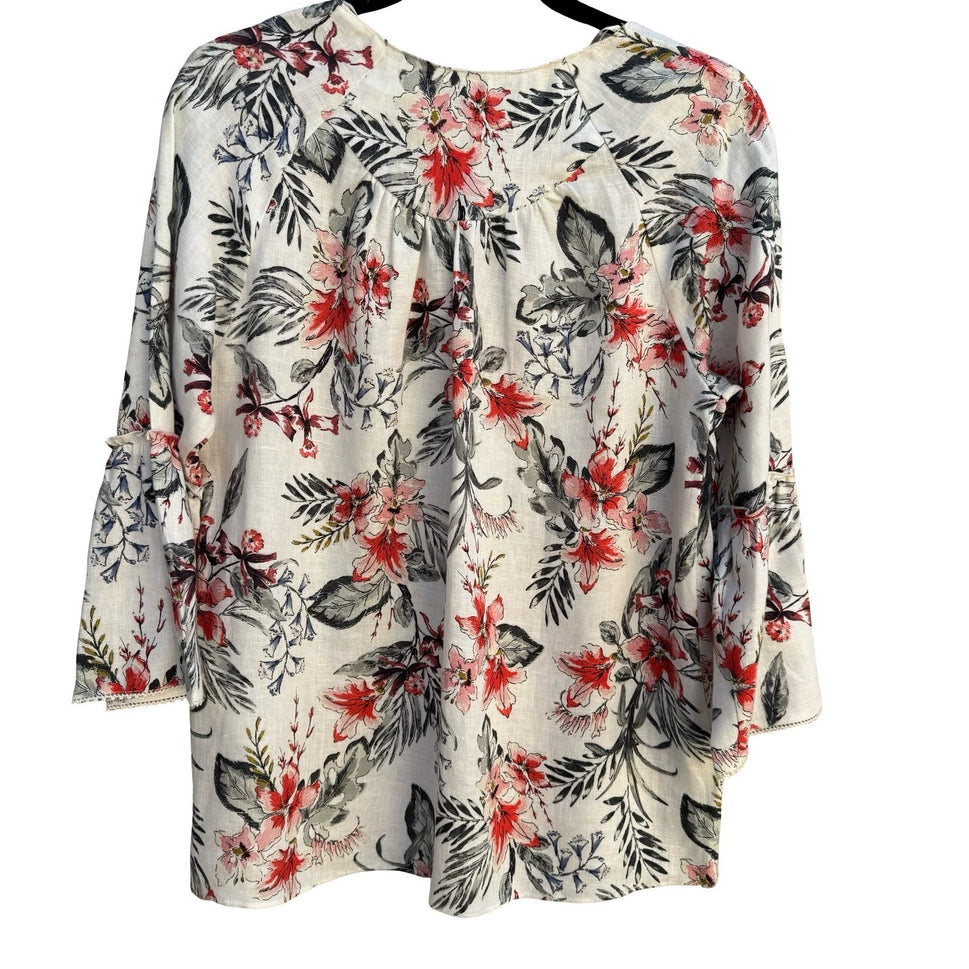 Zara Womens XS Floral Linen Blend V-Neck Bell Sleeve Peasant Tunic Blouse White