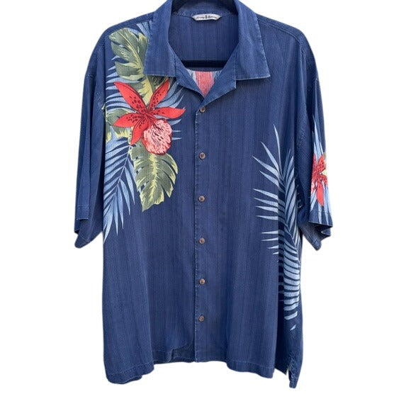 Tommy Bahama Silk Mens Hawaiian Button-Up Shirt Blue Red Floral Athleisure L