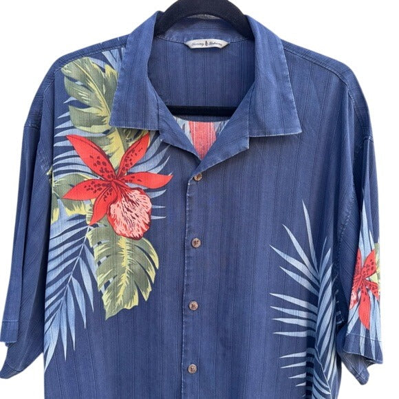 Tommy Bahama Silk Mens Hawaiian Button-Up Shirt Blue Red Floral Athleisure L