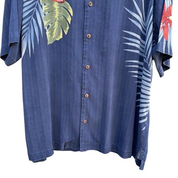 Tommy Bahama Silk Mens Hawaiian Button-Up Shirt Blue Red Floral Athleisure L