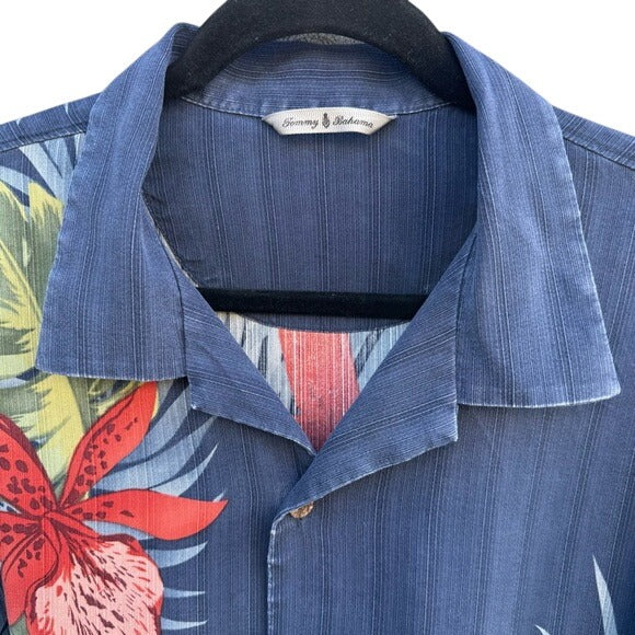 Tommy Bahama Silk Mens Hawaiian Button-Up Shirt Blue Red Floral Athleisure L