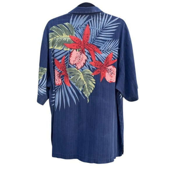 Tommy Bahama Silk Mens Hawaiian Button-Up Shirt Blue Red Floral Athleisure L