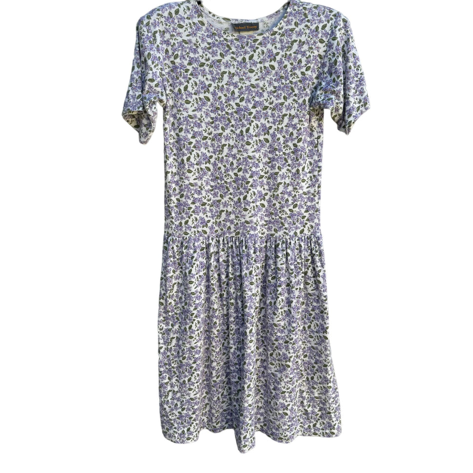 Michael Tracey Vintage Purple White Floral Short Sleeve Cottagecore Midi Dress