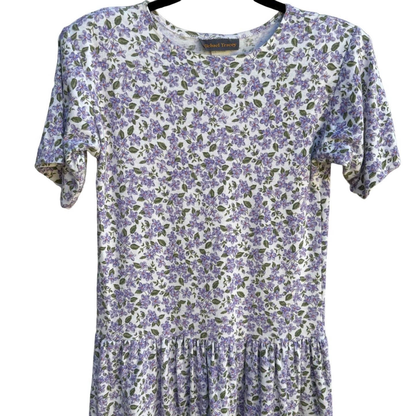 Michael Tracey Vintage Purple White Floral Short Sleeve Cottagecore Midi Dress