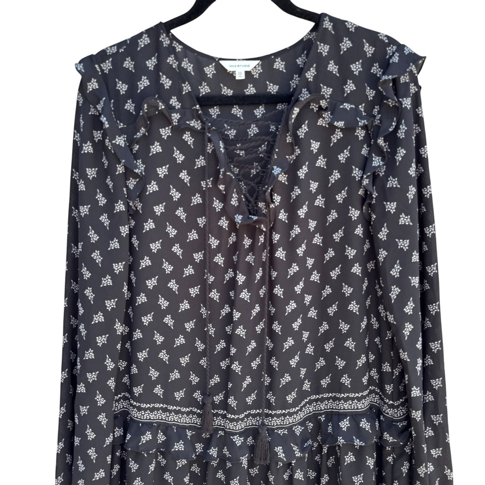 Max Studio Black Boho Long-Sleeve Lace-Up Floral Print Ruffle Trim Tassel Dress M