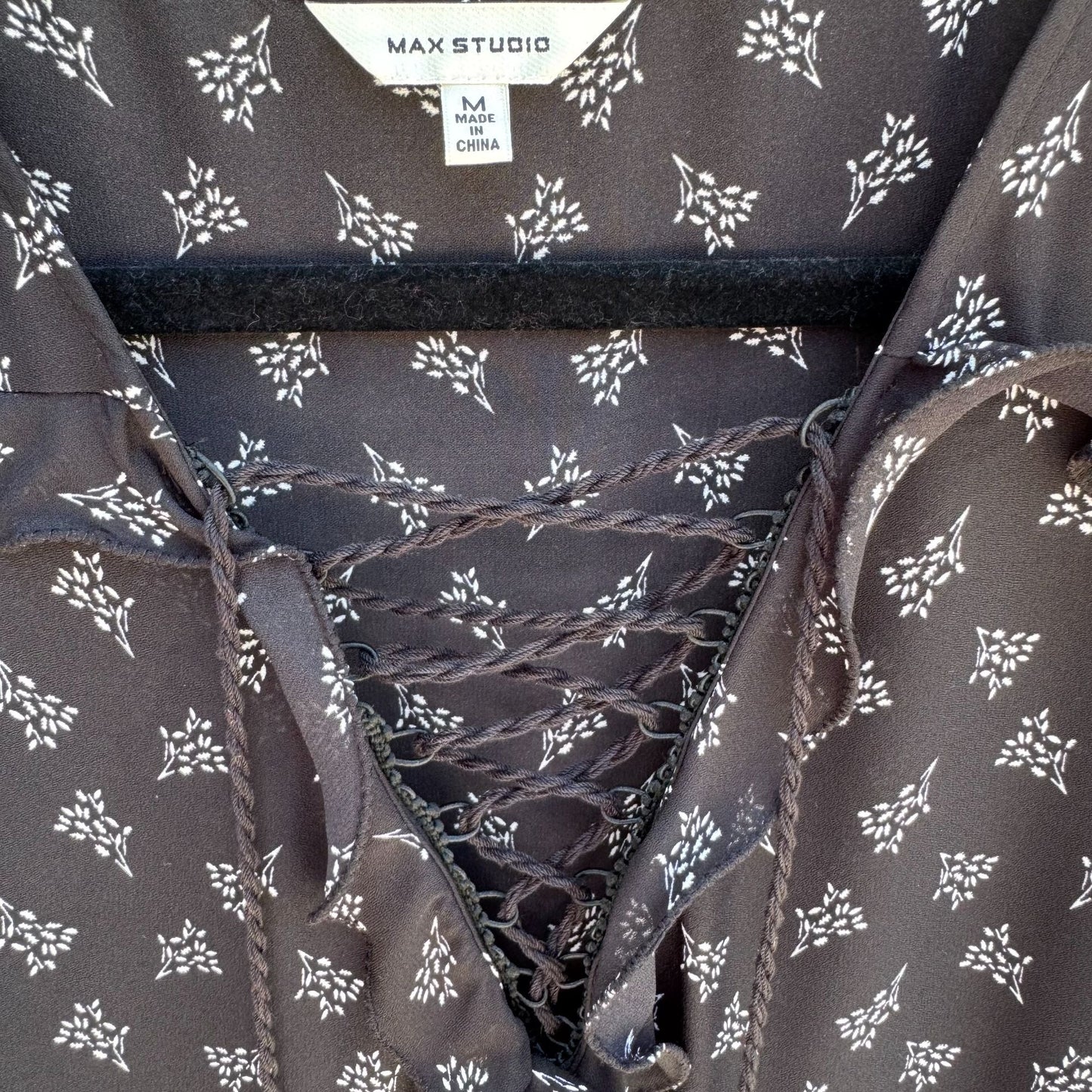 Max Studio Black Boho Long-Sleeve Lace-Up Floral Print Ruffle Trim Tassel Dress M