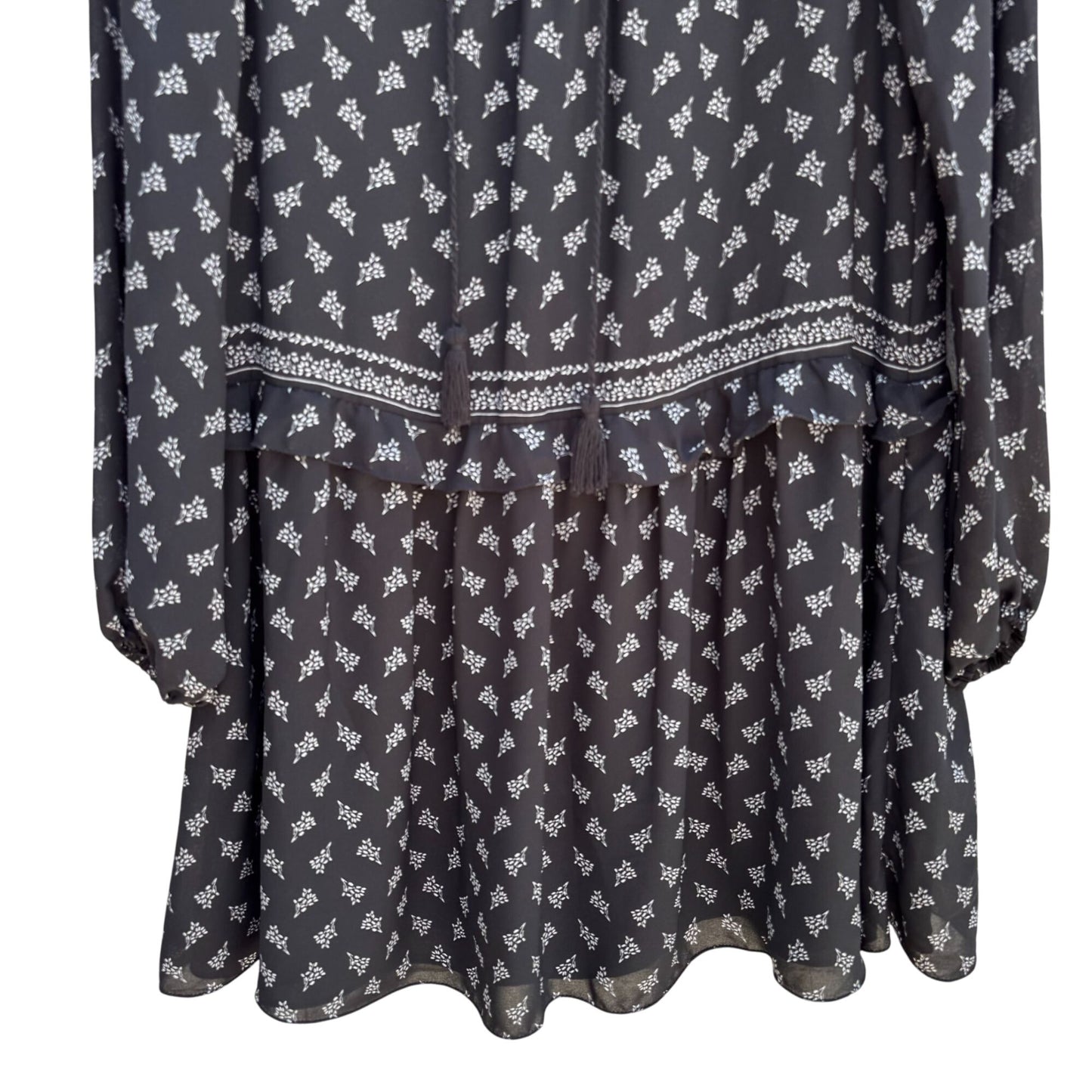 Max Studio Black Boho Long-Sleeve Lace-Up Floral Print Ruffle Trim Tassel Dress M