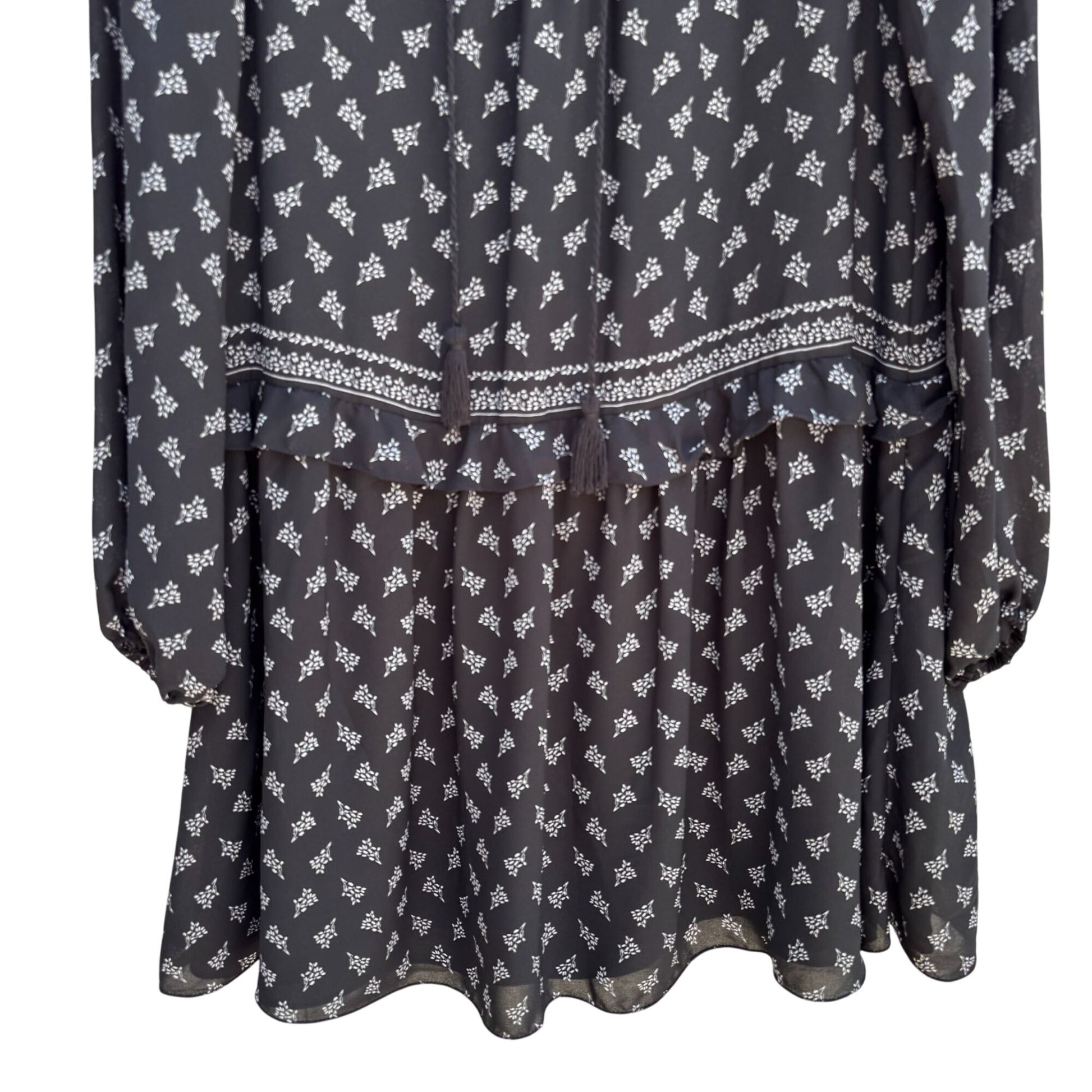 Max Studio Black Boho Long-Sleeve Lace-Up Floral Print Ruffle Trim Tassel Dress M