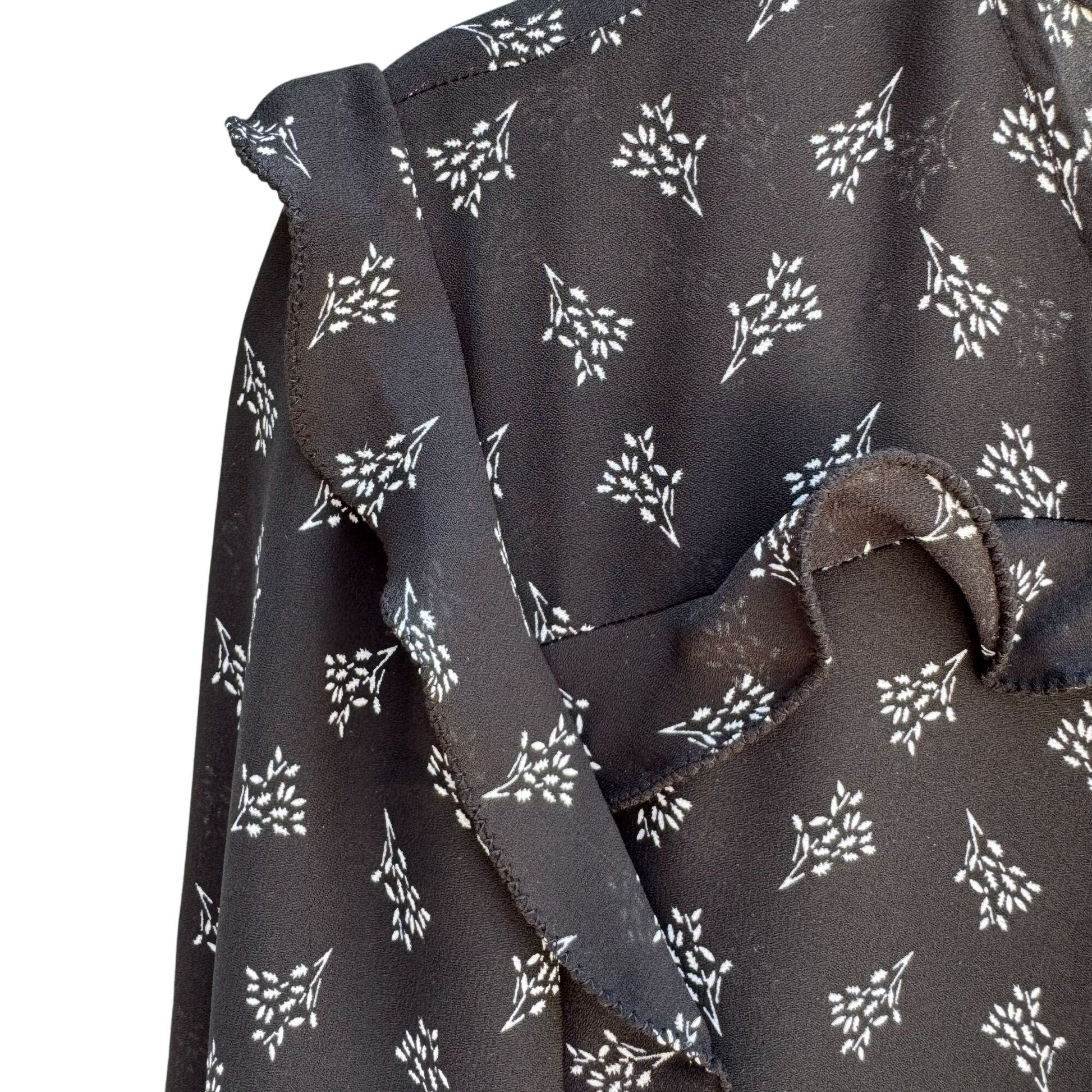 Max Studio Black Boho Long-Sleeve Lace-Up Floral Print Ruffle Trim Tassel Dress M