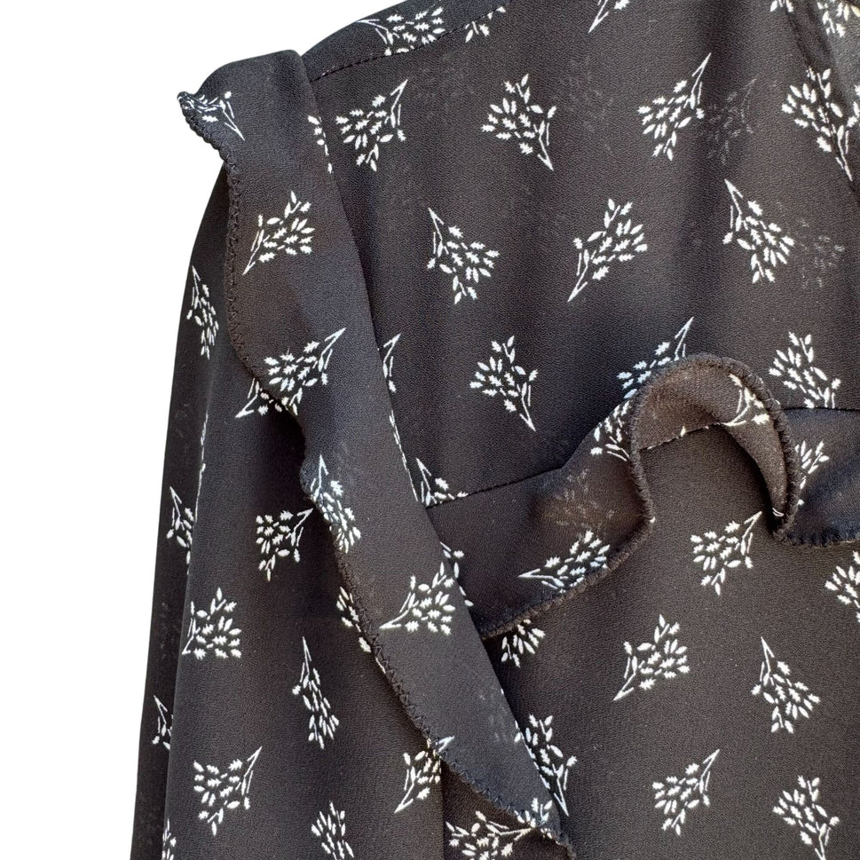 Max Studio Black Boho Long-Sleeve Lace-Up Floral Print Ruffle Trim Tassel Dress M