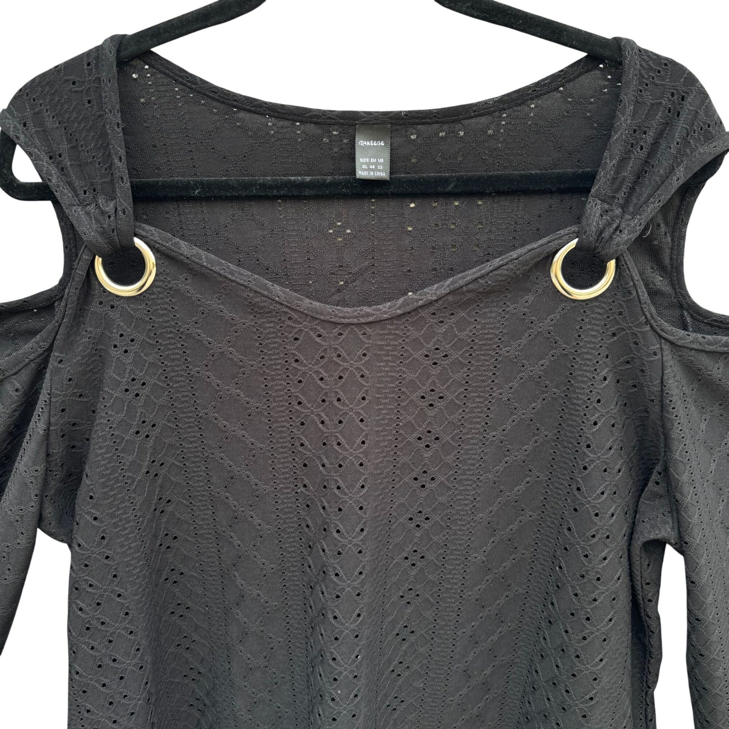 Ranlege Cold Shoulder Black Top Gold Ring Accents Womens XL Lace Crochet Eyelet