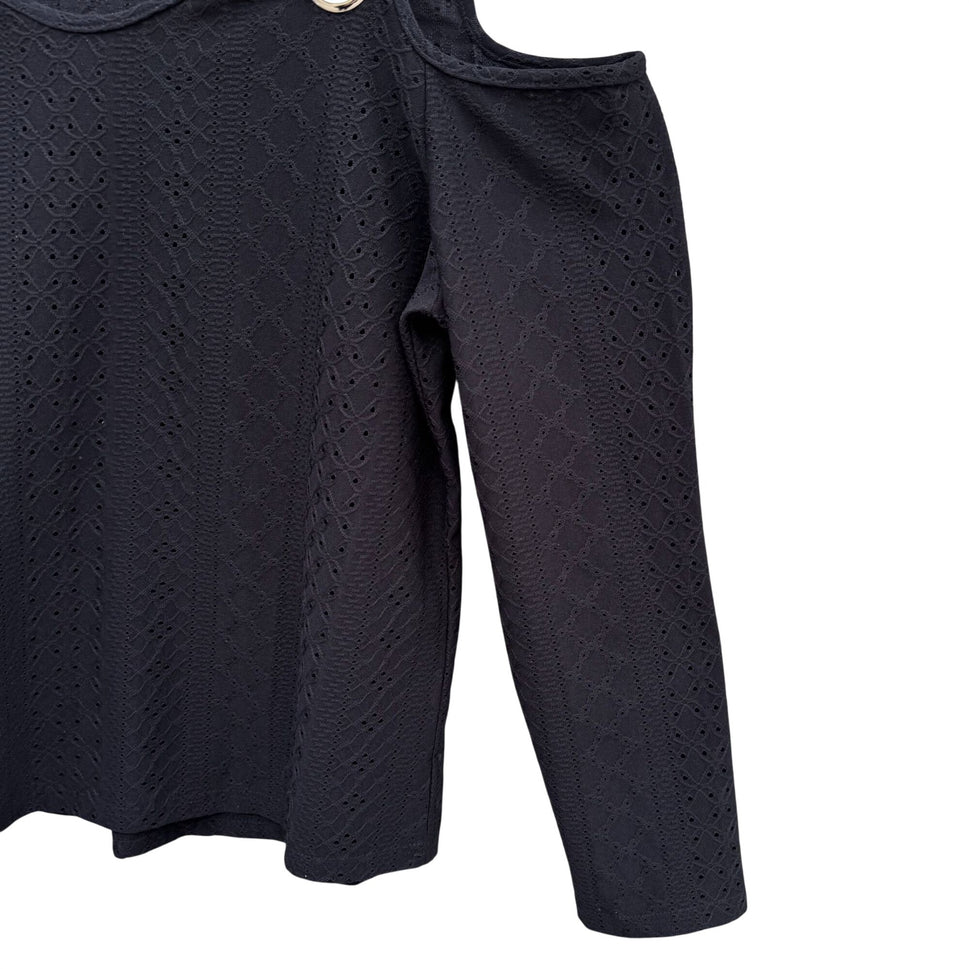 Ranlege Cold Shoulder Black Top Gold Ring Accents Womens XL Lace Crochet Eyelet