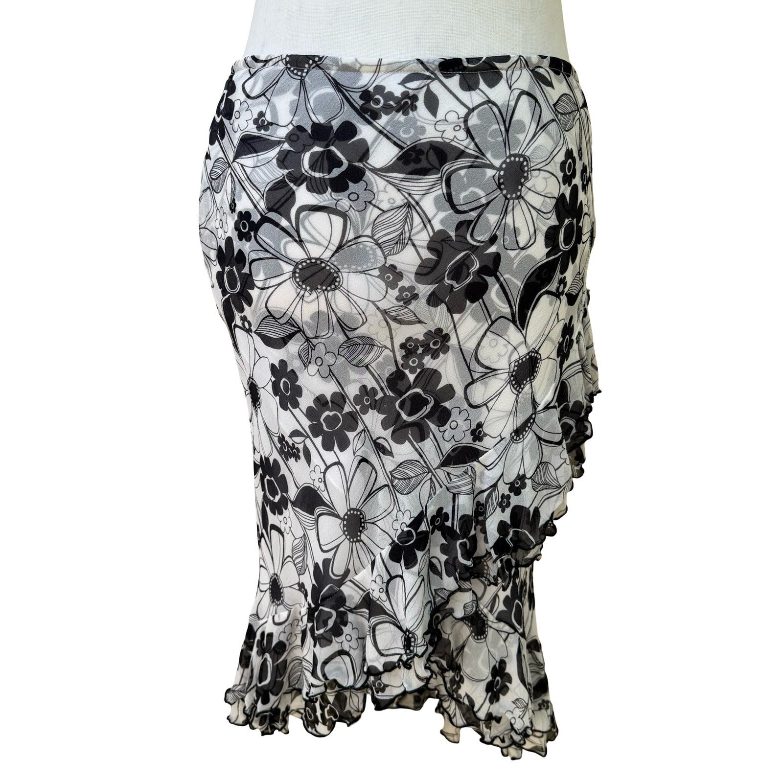 Derek Green Y2K Whimsigoth Fairycore Floral Mesh Asymmetric Ruffle Midi Skirt M
