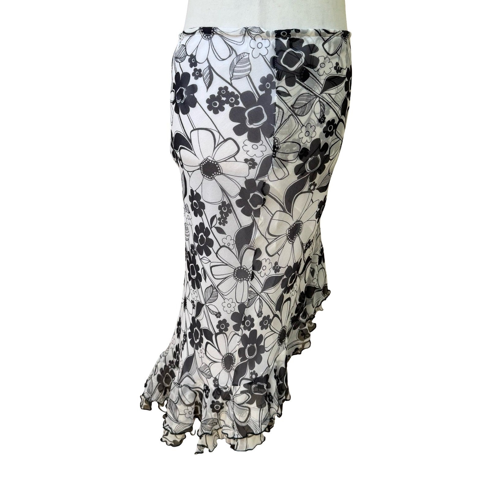 Derek Green Y2K Whimsigoth Fairycore Floral Mesh Asymmetric Ruffle Midi Skirt M