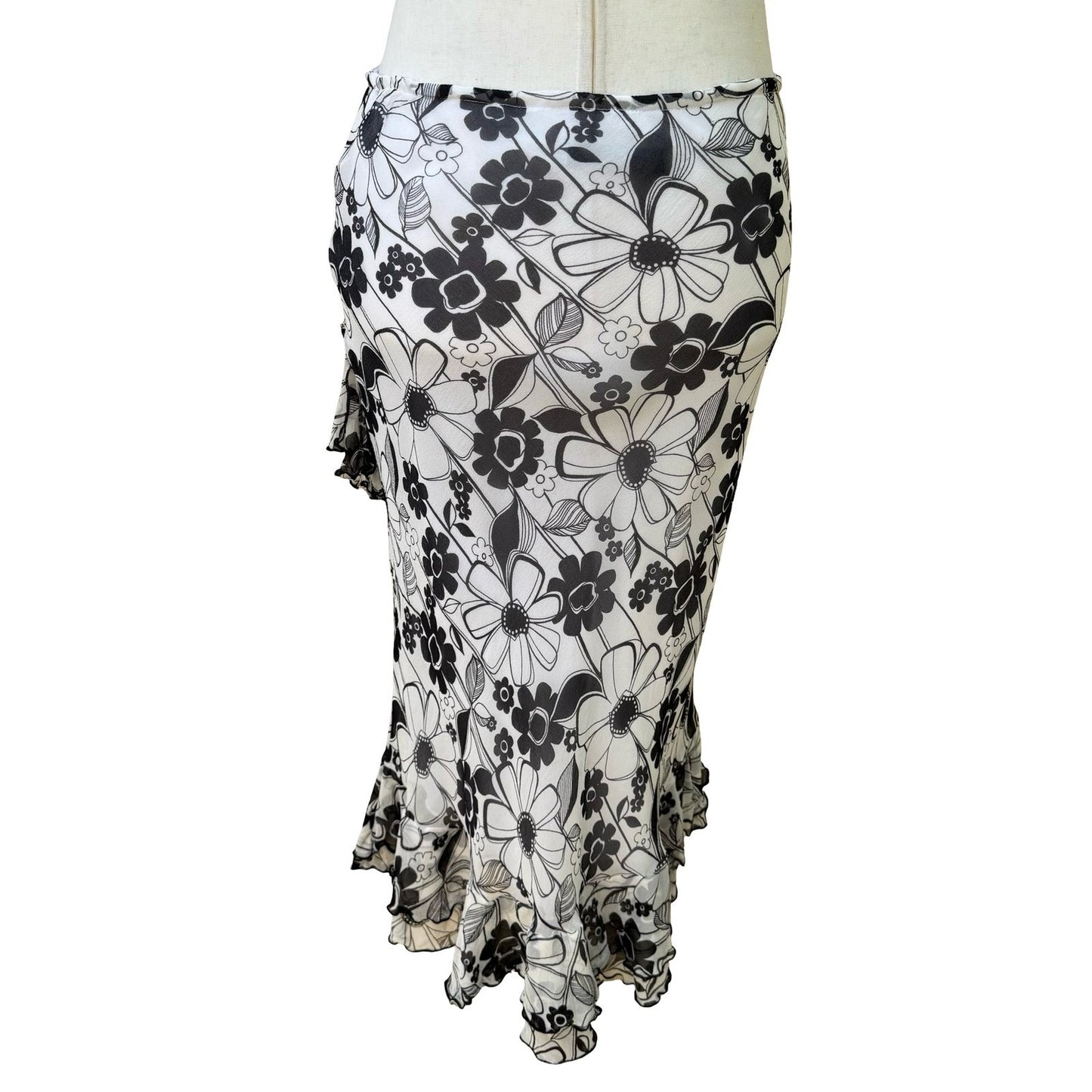 Derek Green Y2K Whimsigoth Fairycore Floral Mesh Asymmetric Ruffle Midi Skirt M