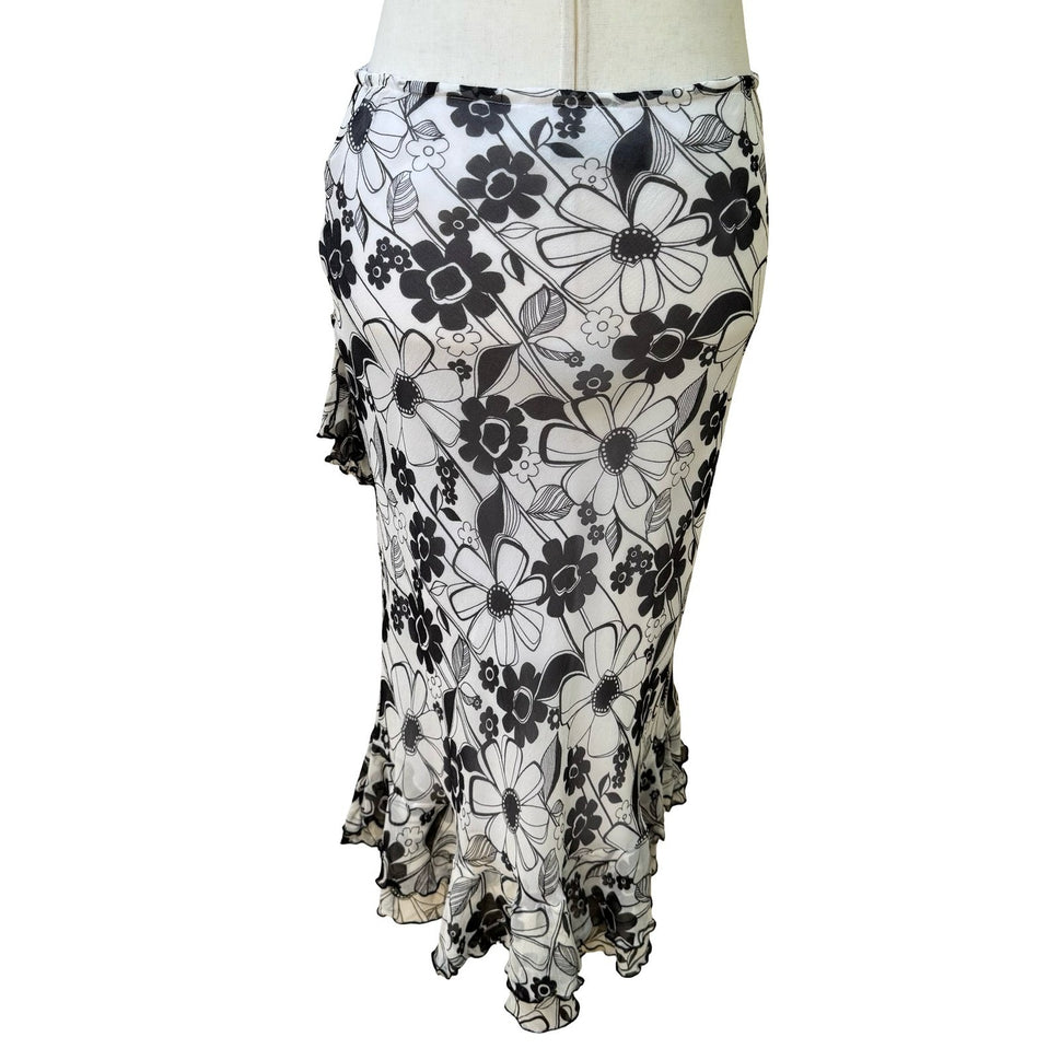 Derek Green Y2K Whimsigoth Fairycore Floral Mesh Asymmetric Ruffle Midi Skirt M