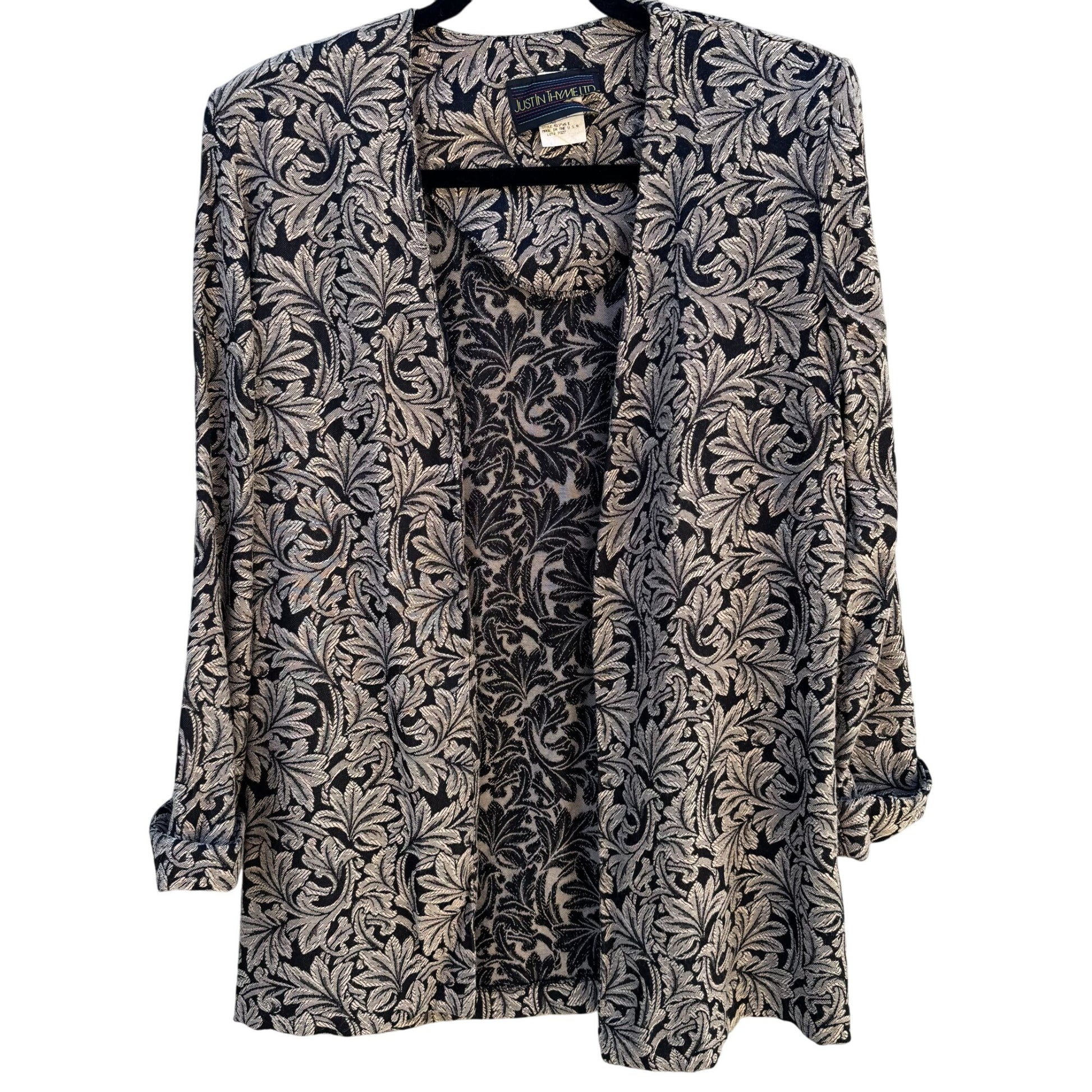 Just In Thyme Vintage Womens Leaf Pattern Brocade Cuff Sleeve Open Front Blazer