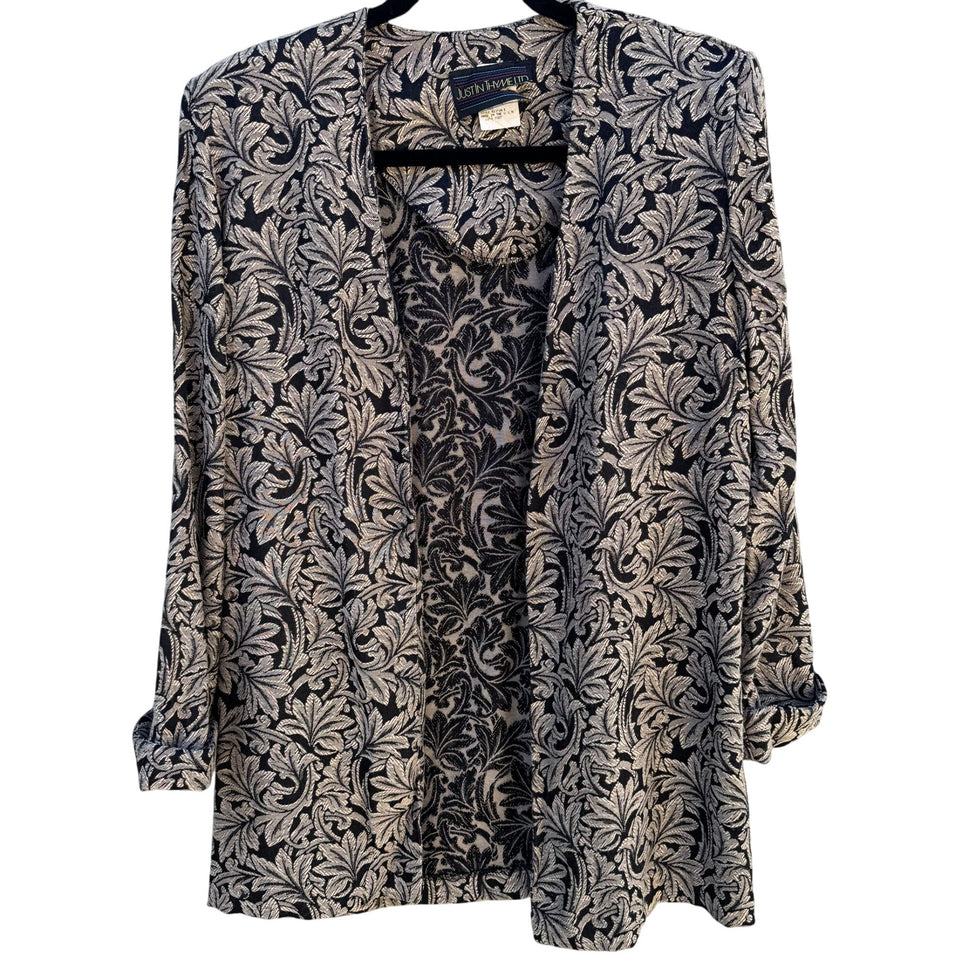 Just In Thyme Vintage Womens Leaf Pattern Brocade Cuff Sleeve Open Front Blazer