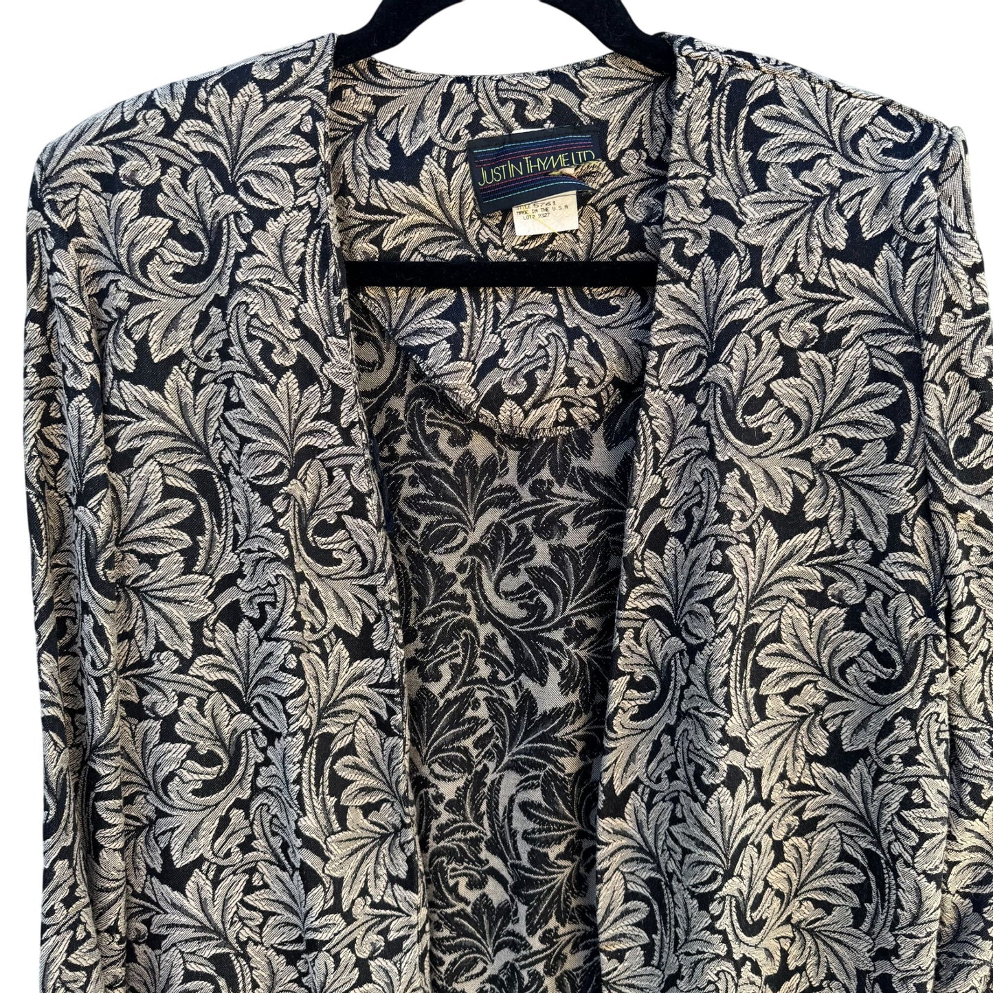 Just In Thyme Vintage Womens Leaf Pattern Brocade Cuff Sleeve Open Front Blazer