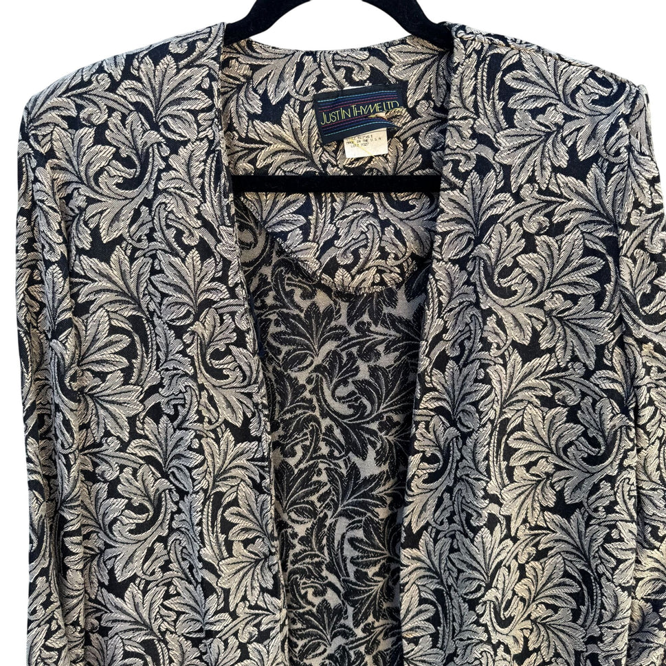 Just In Thyme Vintage Womens Leaf Pattern Brocade Cuff Sleeve Open Front Blazer