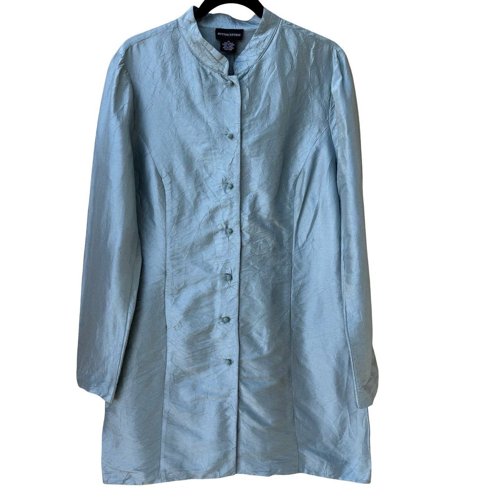 Sutton Studio Womens 14 Blue 100% Silk Mandarin Collar Crinkle Tunic Jacket
