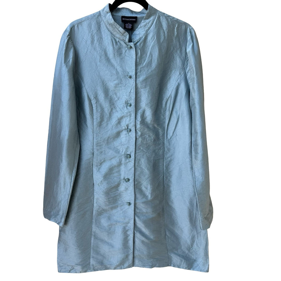 Sutton Studio Womens 14 Blue 100% Silk Mandarin Collar Crinkle Tunic Jacket