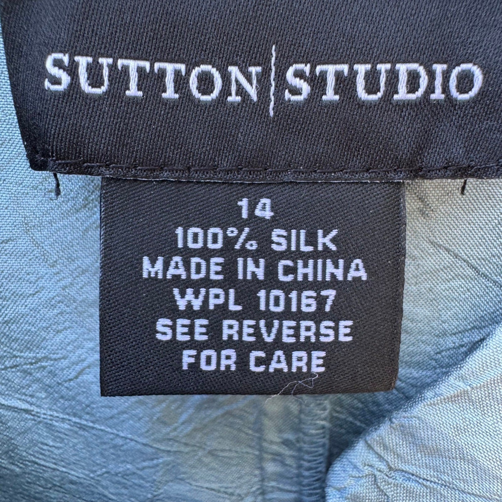 Sutton Studio Womens 14 Blue 100% Silk Mandarin Collar Crinkle Tunic Jacket