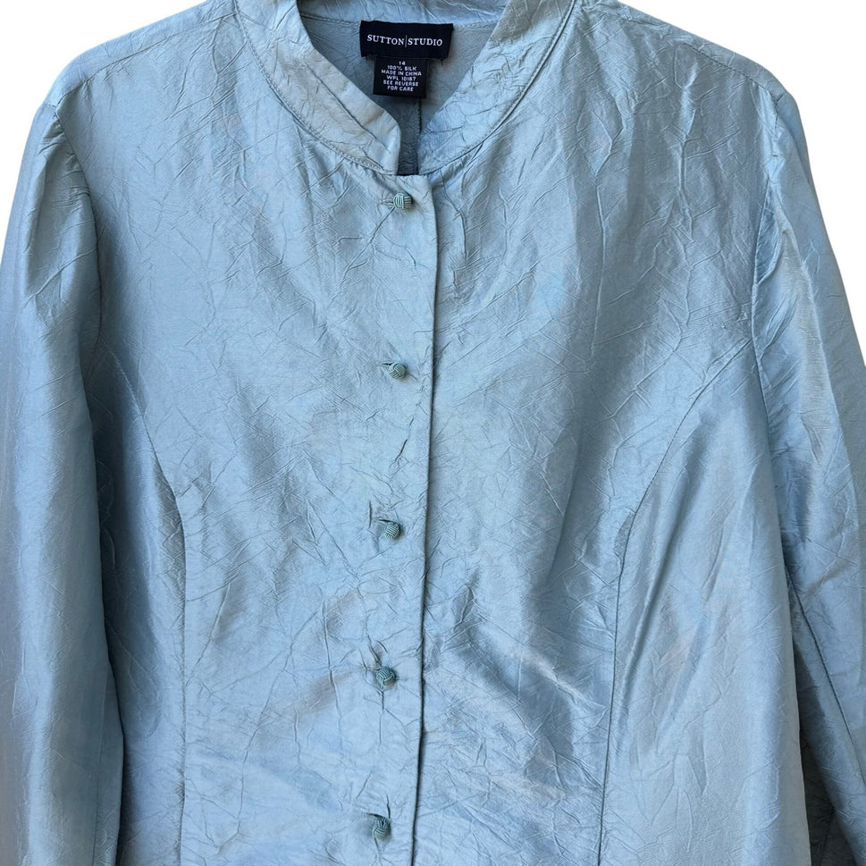 Sutton Studio Womens 14 Blue 100% Silk Mandarin Collar Crinkle Tunic Jacket