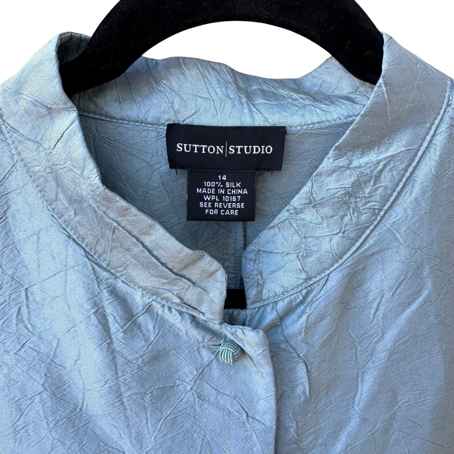 Sutton Studio Womens 14 Blue 100% Silk Mandarin Collar Crinkle Tunic Jacket