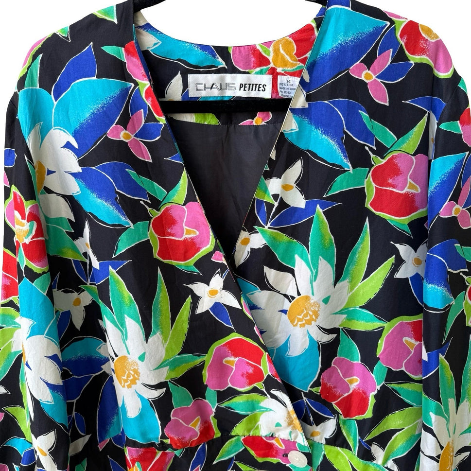 Chaus Vintage 80s 90s 100% Silk Tropical Floral Cropped Maximalist Jacket 14P