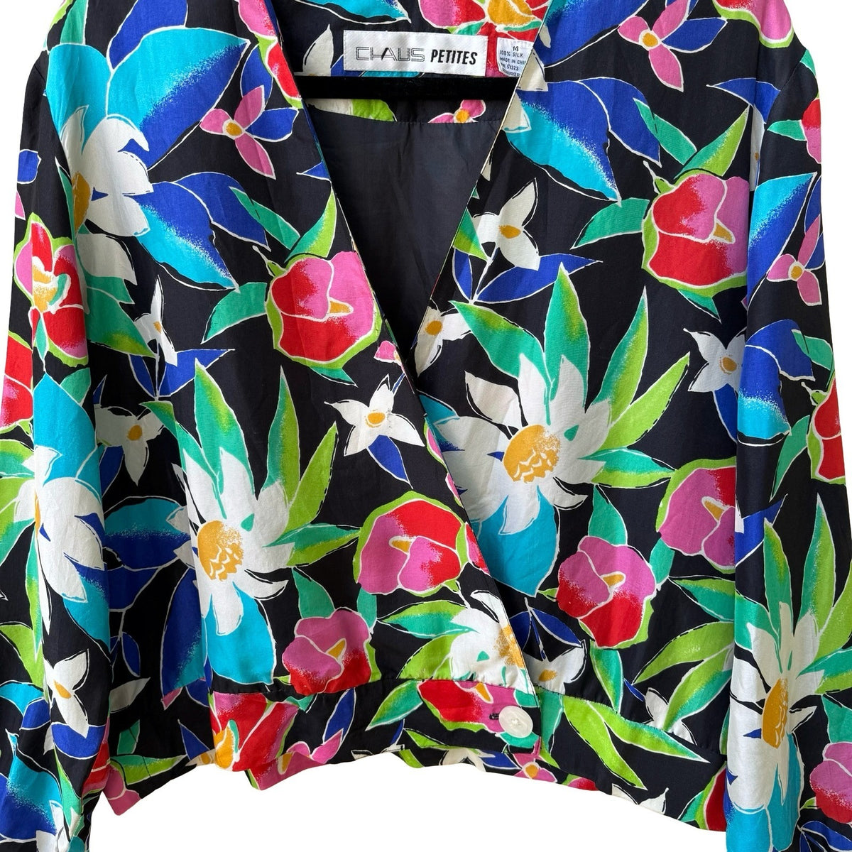 Chaus Vintage 80s 90s 100% Silk Tropical Floral Cropped Maximalist Jacket 14P