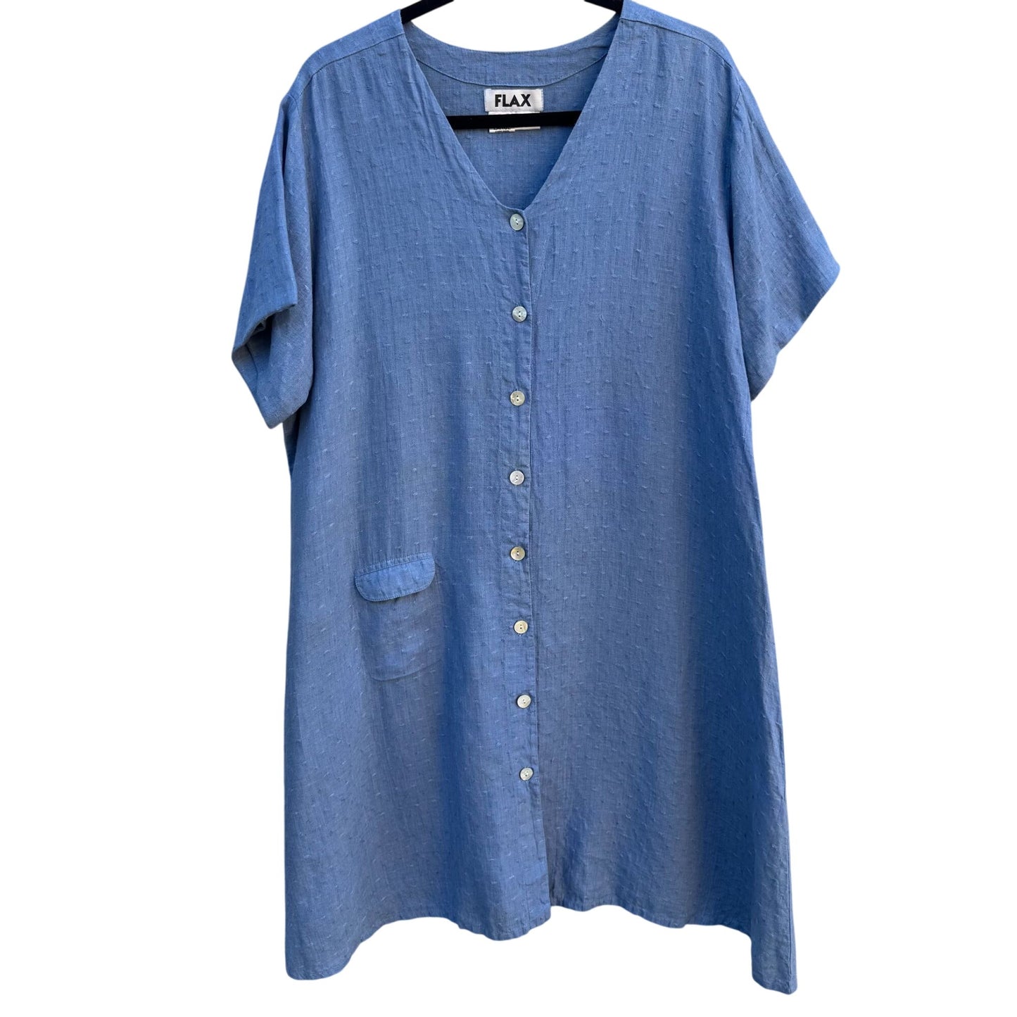 Flax Womens Lagenlook Boho Blue Linen V Neck Pearlized Button Tunic Midi Dress L