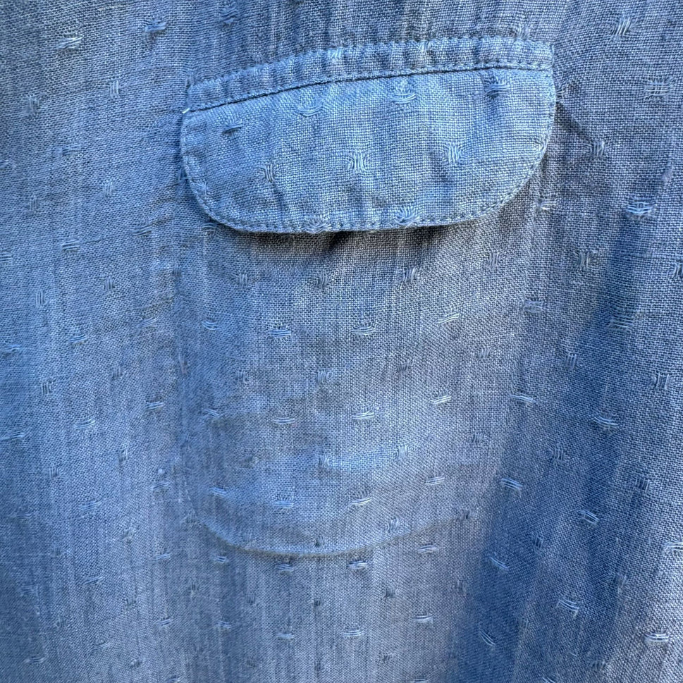 Flax Womens Lagenlook Boho Blue Linen V Neck Pearlized Button Tunic Midi Dress L