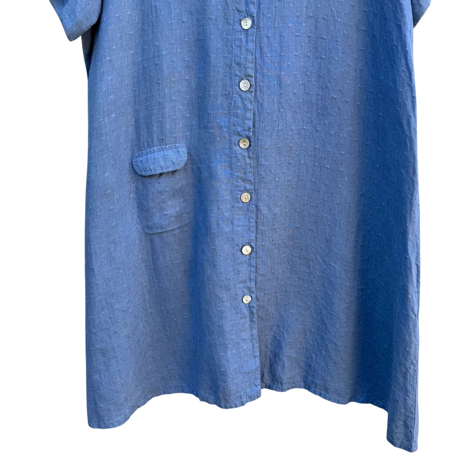 Flax Womens Lagenlook Boho Blue Linen V Neck Pearlized Button Tunic Midi Dress L